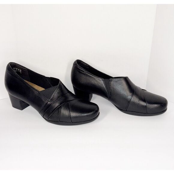 Clarks Rosalyn Adele Black Leather Shootie Block Heel Bootie Pump Office Sz 8 - Picture 2 of 14